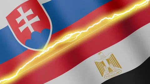 Two waving flags Slovakia and Egypt with diagonal lightning, 4k loop Stock Footage 339996260