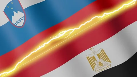 Two waving flags Slovenia and Egypt with diagonal lightning, 4k loop Stock Footage 339996323