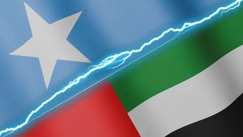 Two waving flags Somalia and United Arab Emirates with diagonal lightning 4k Stock Footage 333977246
