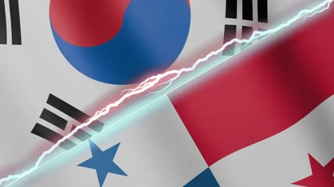 Two waving flags South Korea and Panama with diagonal lightning, 4k loop Stock Footage 327965028