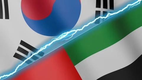 Two waving flags South Korea and United Arab Emirates with diagonal lightning 4k Stock Footage 333977250