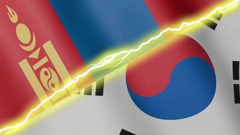 Two waving flags South Korea and Mongolia with diagonal lightning, 4k loop Stock Footage 338196368