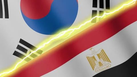 Two waving flags South Korea and Egypt with diagonal lightning, 4k loop Stock Footage 339996329