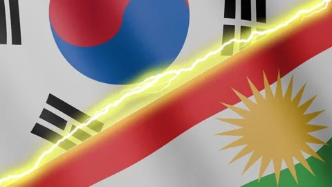 Two waving flags South Korea and Kurdistan with diagonal lightning, 4k loop Stock Footage 340198116