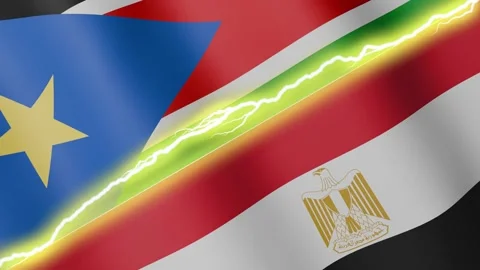 Two waving flags South Sudan and Egypt with diagonal lightning, 4k loop Stock Footage 339996342