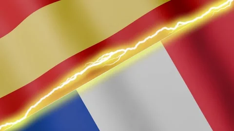 Two waving flags Spain and France with diagonal lightning 4k loop Stock Footage 329224061