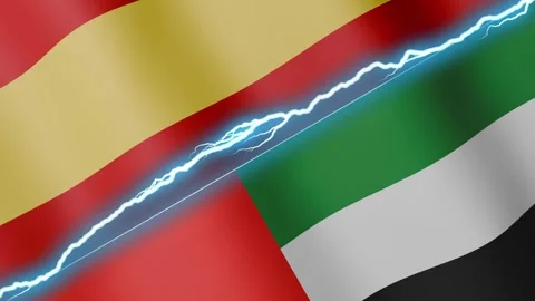 Two waving flags Spain and United Arab Emirates with diagonal lightning 4k loop Stock Footage 333977252