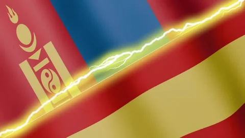 Two waving flags Spain and Mongolia with diagonal lightning, 4k loop Stock Footage 338196328