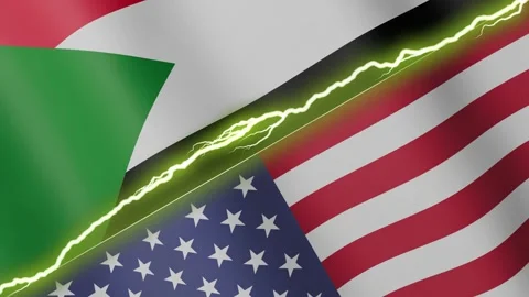 Two waving flags Sudan and United States with diagonal lightning 4k loop Stock Footage 327666651