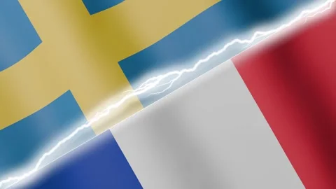 Two waving flags Sweden and France with diagonal lightning 4k loop Stock Footage 329224066