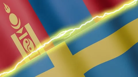 Two waving flags Sweden and Mongolia with diagonal lightning, 4k loop Video stock 338196355