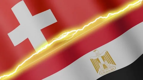Two waving flags Switzerland and Egypt with diagonal lightning, 4k loop Stock Footage 339996470