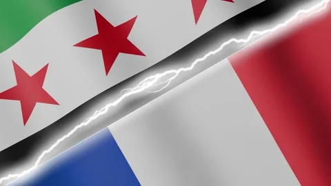 Two waving flags Syria and France with diagonal lightning 4k loop Stock Footage 329224074