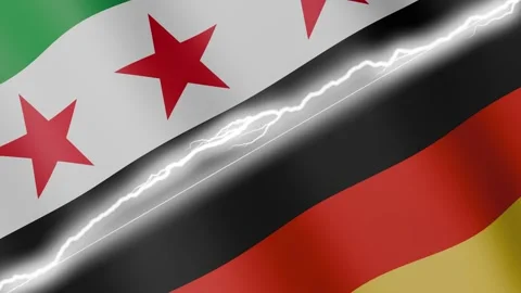 Two waving flags Syria and Germany with diagonal lightning 4k loop Stock Footage 329601740