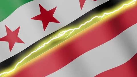 Two waving flags Syria and Austria with diagonal lightning, 4k loop Stock Footage 346015023