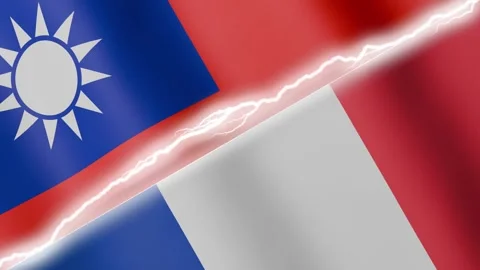 Two waving flags Taiwan and France with diagonal lightning 4k loop Stock Footage 329224073