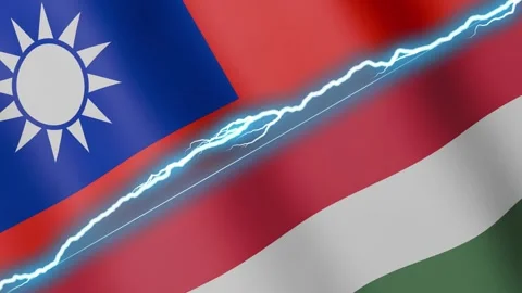 Two waving flags Taiwan and Hungary with diagonal lightning 4k loop Stock Footage 332489045