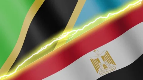 Two waving flags Tanzania and Egypt with diagonal lightning, 4k loop Stock Footage 339996481