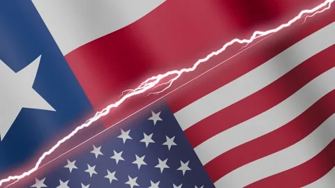 Two waving flags Texas and United States with diagonal lightning 4k loop Stock Footage 327910244