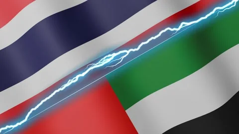 Two waving flags Thailand and United Arab Emirates with diagonal lightning 4k Stock Footage 333977262