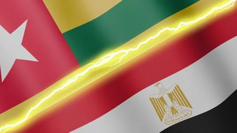 Two waving flags Togo and Egypt with diagonal lightning, 4k loop Stock Footage 339996511