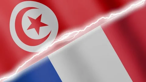 Two waving flags Tunisia and France with diagonal lightning 4k loop Stock Footage 329224082