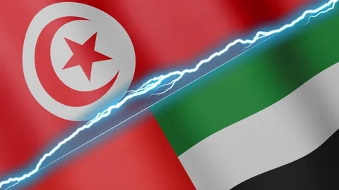 Two waving flags Tunisia and United Arab Emirates with diagonal lightning 4k Stock Footage 333977264