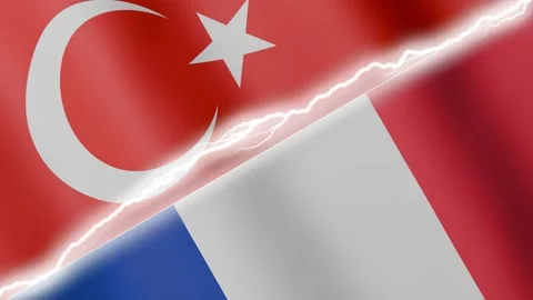 Two waving flags Turkey and France with diagonal lightning 4k loop Stock Footage 329224089