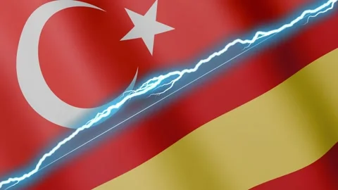 Two waving flags Turkey and Spain with diagonal lightning 4k loop Stock Footage 332669157