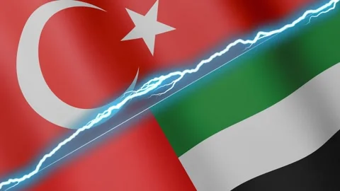 Two waving flags Turkey and United Arab Emirates with diagonal lightning 4k loop Stock Footage 333977265
