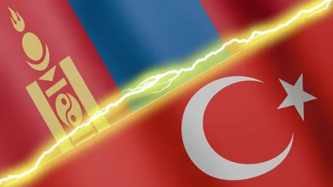 Two waving flags Turkey and Mongolia with diagonal lightning, 4k loop Stock Footage 338196362