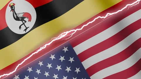 Two waving flags Uganda and United States with diagonal lightning 4k loop Stock Footage 327666800