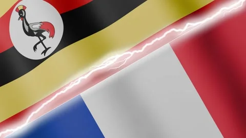 Two waving flags Uganda and France with diagonal lightning 4k loop Stock Footage 329224104