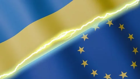 Two waving flags Ukraine and European Union with diagonal lightning, 4k loop Stock Footage 327662541
