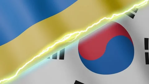 Two waving flags Ukraine and South Korea with diagonal lightning 4k loop Stock Footage 328086704