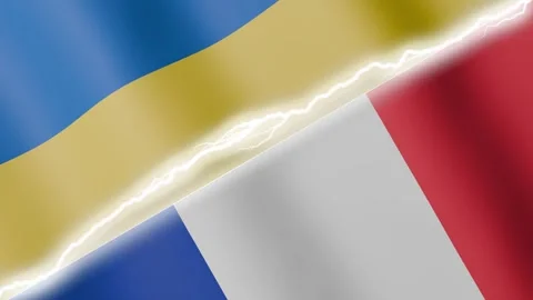 Two waving flags Ukraine and France with diagonal lightning 4k loop Stock Footage 329224102