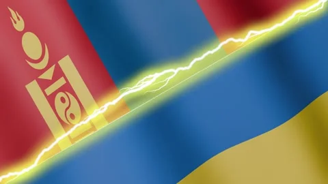 Two waving flags Ukraine and Mongolia with diagonal lightning, 4k loop Video stock 338196388