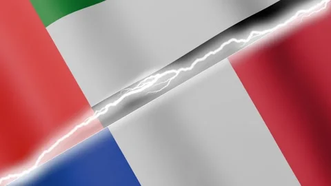 Two waving flags United Arab Emirates and France with diagonal lightning 4k loop Stock Footage 329224090