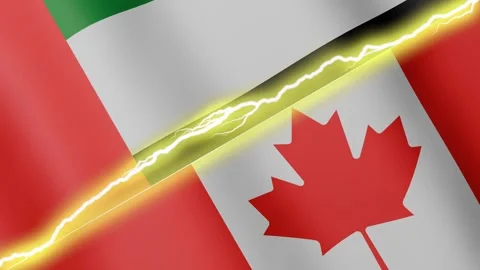 Two waving flags United Arab Emirates and Canada with diagonal lightning 4k loop Stock Footage 336012259