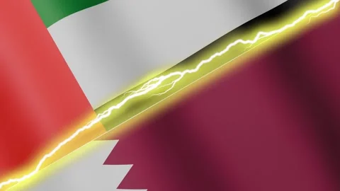 Two waving flags United Arab Emirates and Qatar with diagonal lightning 4k loop Stock Footage 336164565