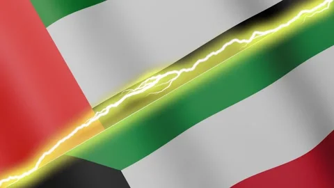 Two waving flags United Arab Emirates and Kuwait with diagonal lightning 4k loop Stock Footage 336447798
