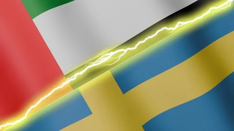 Two waving flags United Arab Emirates and Sweden with diagonal lightning 4k loop Stock Footage 336673996