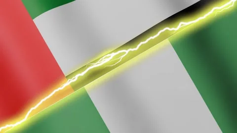Two waving flags United Arab Emirates and Nigeria with diagonal lightning 4k Stock Footage 336810049