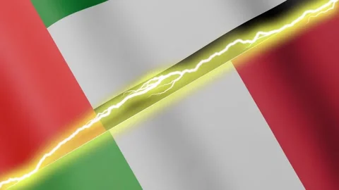 Two waving flags United Arab Emirates and Italy with diagonal lightning 4k loop Stock Footage 337323604