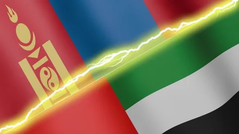 Two waving flags United Arab Emirates and Mongolia with diagonal lightning, 4k Video stock 338196375