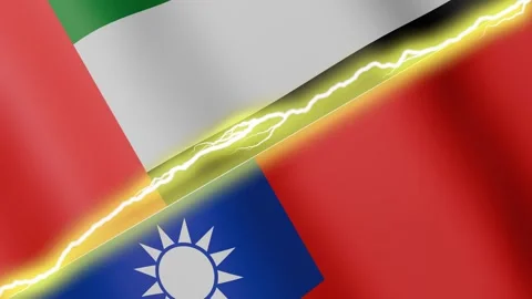 Two waving flags United Arab Emirates and Taiwan with diagonal lightning, 4k Stock Footage 339259486