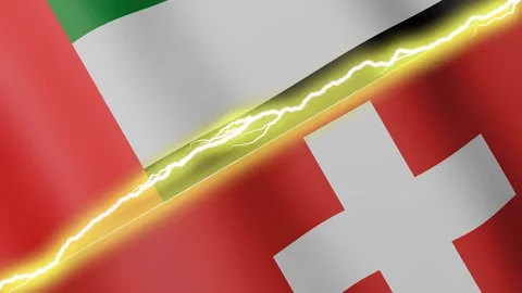Two waving flags United Arab Emirates and Switzerland with diagonal lightning, Stock Footage 339473740