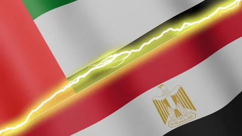 Two waving flags United Arab Emirates and Egypt with diagonal lightning, 4k loop Stock Footage 339996558