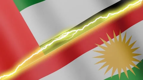 Two waving flags United Arab Emirates and Kurdistan with diagonal lightning, 4k Stock Footage 340198176