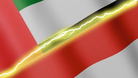 Two waving flags United Arab Emirates and Indonesia with diagonal lightning, 4k Stock Footage 341758269